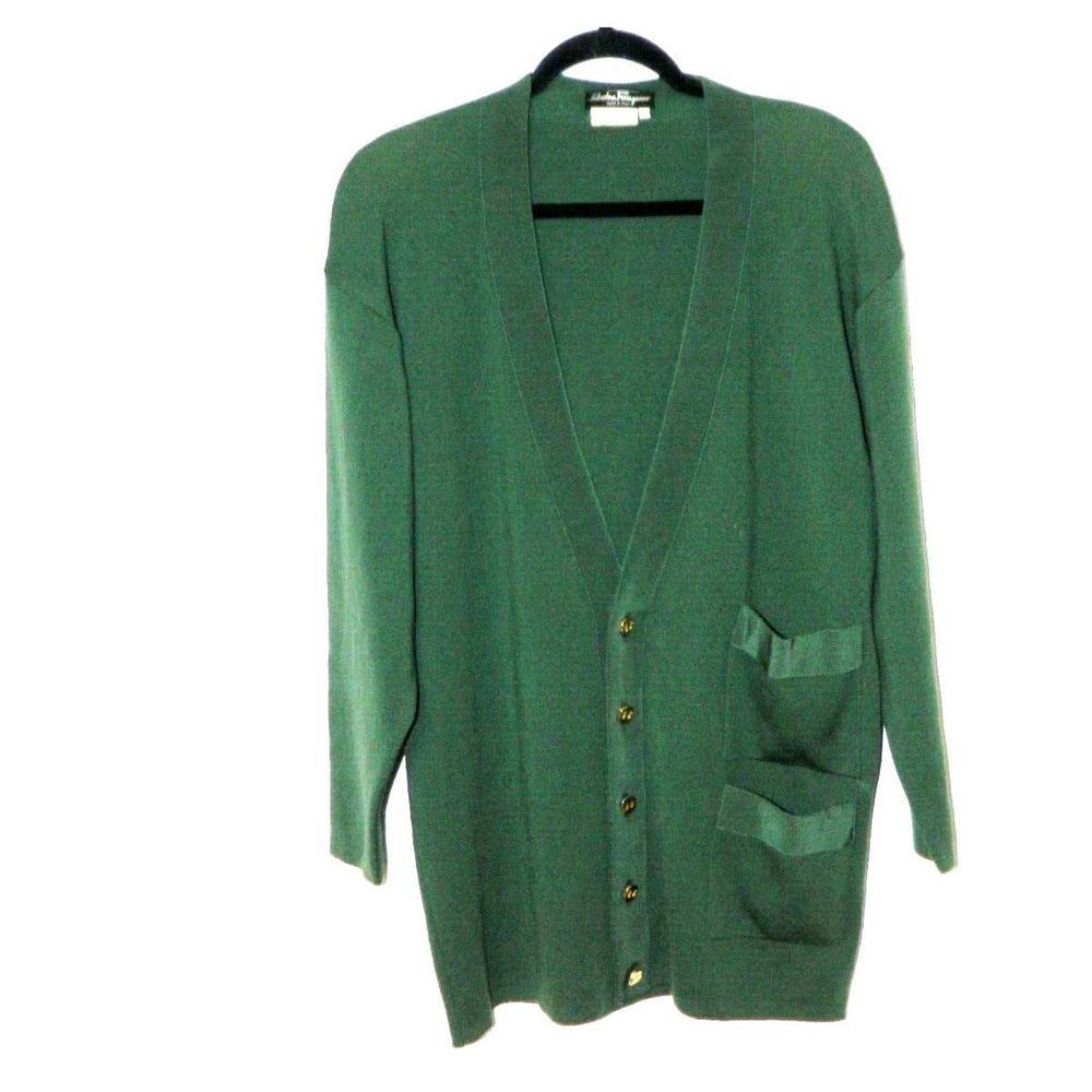 SALVATORE FERRAGAMO Womens Cardigan Sweater Green Wool Gold Buttons Medium